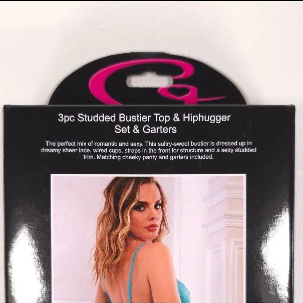 3 Pc Studded Bustier Top and Hiphugger Set With Garters One Size Neon Teal‎